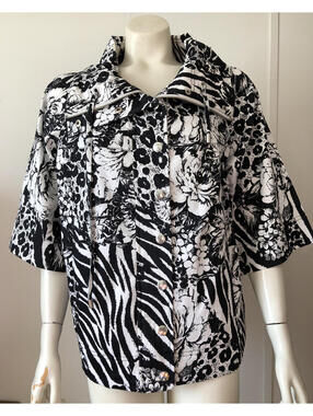 Just B Exotic Roses New Womens Large Jacket Black White Zipper Snaps Half Sleeve